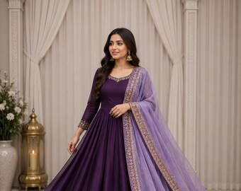 Purple Georgette Anarkali Gown with Gold Crush Dupatta, Zari Sequins Work Party Wear