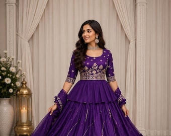 Purple Gold Crush Lehenga Choli Set with Dupatta: Embroidered Indian Wedding Wear