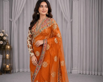 Orange Butterfly Net Saree, Embroidered Lace Border, Silk Blouse, Indian Wedding Wear