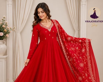 Red  Georgette Anarkali Gown Set Mirror  Work 7 Meter Flare Indian Wedding Party Wear