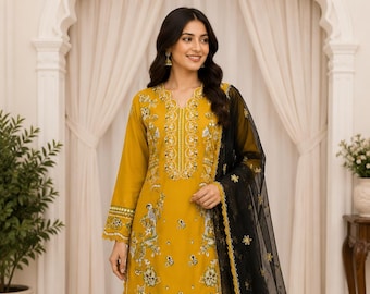 Mustard Yellow Embroidered Kurta Palazzo Set with Georgette Dupatta  Ethnic Festive Wear