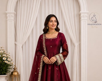 Maroon Fendy Silk Anarkali Gown Set with Dupatta, Pant Sequence Embroidery Party Wear