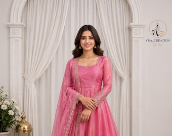 Pink Fendy Silk Anarkali Suit Set Embroidered Gown, Dupatta, Pant  Indian Wedding Wear
