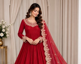 Red Embroidered Gown Set,3 Piece Indian Outfit