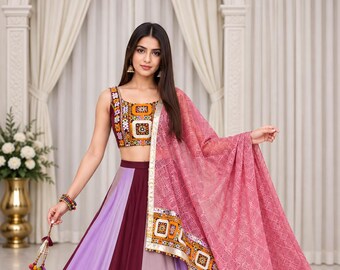 Multicolor Gamthi Mirror Work Lehenga Choli  Heavy Rayon Navratri Lehenga