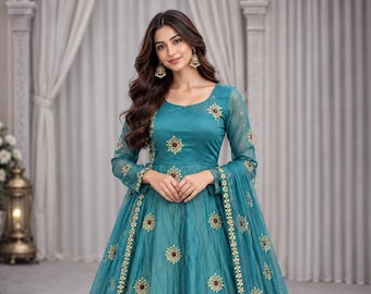 Blue Silk Anarkali Gown with Thread Sequin Embroidery, Stone Work and Matching Dupatta