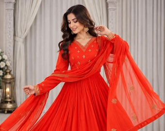Orange Anarkali Suit Set with Sequin Embroidery  Georgette Gown, Palazzo Pants and Dupatta