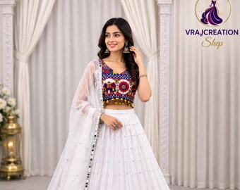 White Mirror Work Lehenga Choli Set Faux Georgette Navratri Garba Outfit, Embroidered Dupatta