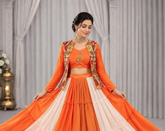 Orange White Rayon Lehenga Set, Mirror Work Koti Chaniya Choli