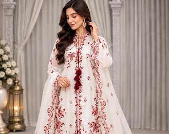 White Roman Silk Suit Set with Embroidered Kurta, Organza Dupatta and Cutwork Detail