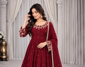Maroon Georgette Anarkali Suit with Embroidery, Ready to Wear Gown Set with Moti Work Dupatta