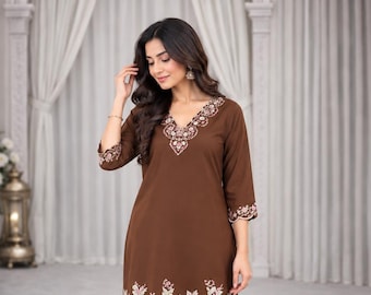 Brown  Embroidered Kurta Pant Set, Ready to Wear Indian Ethnic Suit, Women's Festive Outfit