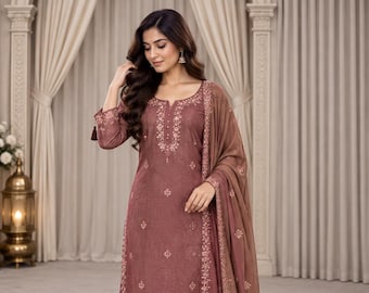 Mauve Embroidered Salwar Suit with Mirror Work, Palazzo Pants and Matching Dupatta