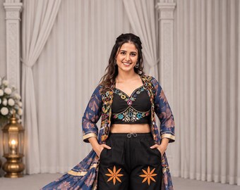 Blue Floral Shrug Set, Real Mirror Work Embroidered Faux Georgette Shrug
