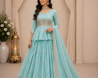Sky Blue Gold Crush Embroidered Lehenga Choli Set with Dupatta Indian Wedding Party Wear