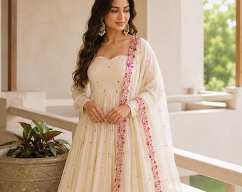 Cream Diamond Silk Anarkali Kurta Palazzo Set with Lace Border Dupatta