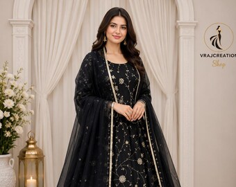 Black Embroidered Anarkali Gown Set with Dupatta  Pakistani Style Wedding Party Wear
