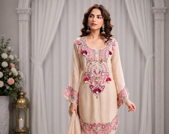 Persikobroderad Georgette pakistansk salwarkostym med dupatta, etnisk designerkurtaset för kvinnor
