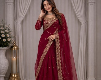 Brudmaroon Lehenga Saree med Sheer Dupatta för bröllop