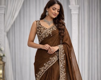 Designer Barbari Silk Saree, Embroidered Sequin Work, Indian Wedding Wear