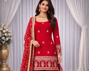 Designer Sharara Suit for Women, Red Embroidered Kurti Set with Dupatta