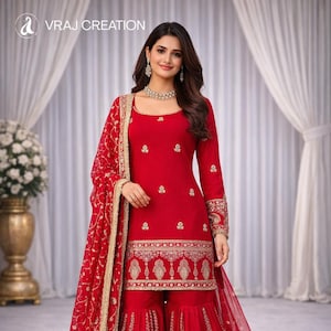 Designer Sharara Suit for Women, Red Embroidered Kurti Set with Dupatta