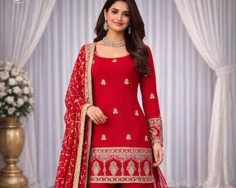 Designer Sharara Suit for Women, Red Embroidered Kurti Set with Dupatta