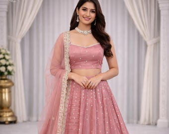 Parure de créateur Lehenga Choli pour femme, mariée en satin rose brodé Lehenga
