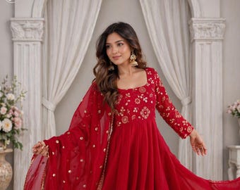 Ensemble robe rouge Anarkali pour femme, robe ethnique évasée en soie avec dupatta