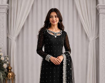 Black Sharara Suit Set for Women, Faux Georgette Kurti with Soft Net Dupatta
