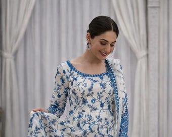 Ensemble costume femme Anarkali, robe brodée en fausse georgette