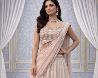 Saree lehenga w kolorze szampańskim z imitacją żorżety i dupattą, sari na imprezę