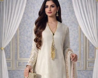 Pure Glass Satin Farshi Plazzo Suit Set with Organza Dupatta, Sequence Embroidery Indian Suit