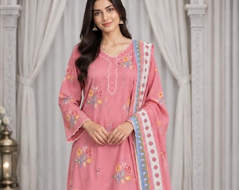 Pink Mul Chanderi Suit Set with Floral Embroidery, Cutwork Palazzo Pants and Printed Dupatta