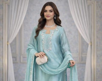 Designer Blue Kurta Palazzo Set with Dupatta, Embroidered Suit