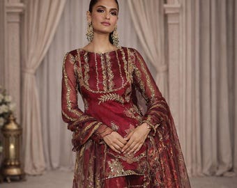 Soft Organza Embroidered Sharara Suit with Mirror Work and Dupatta