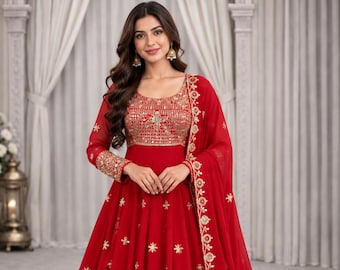 Red Georgette Anarkali Suit with Embroidered Dupatta Wedding Guest Outfit
