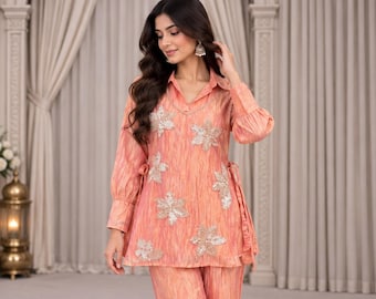 Peach Pink Salsa Silk 3 Piece Suit Set, Embroidered Top with Palazzo Pants and Shrug