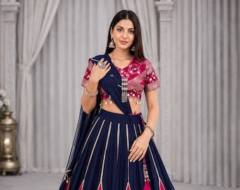 Navy Pink Navratri Lehenga, Mirror Work Chaniya Choli, Gujarati Garba Outfit