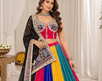 Black Patola Print Lehenga Choli, Real Mirror Work Rayon Garba Outfit