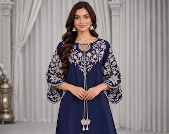 Navy Blue Satin Rayon Kaftan Set with Sequin Embroidery, Matching Pants and Lace Dupatta