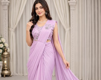 Lavender Ready to Wear Saree with Zari Sequin Embroidery and Matching Blouse