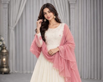 White Anarkali Suit with Floral Embroidery, 7 Meter Flair, Palazzo Pants and Pink Dupatta