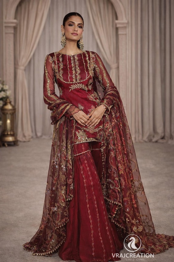 Soft Organza Embroidered Sharara Suit with Mirror Work and Dupatta