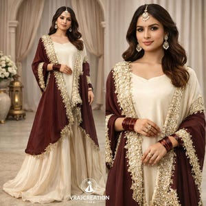 Ivory Chinon Silk Sharara Suit with Embroidered Dupatta, Sequin Work