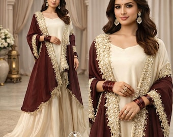 Ivory Chinon Silk Sharara Suit with Embroidered Dupatta, Sequin Work