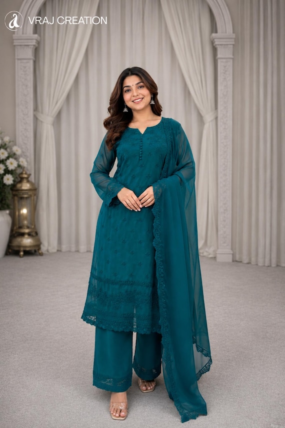 Teal Green Georgette Embroidered Salwar Kameez Set for Women, Ethnic Wear