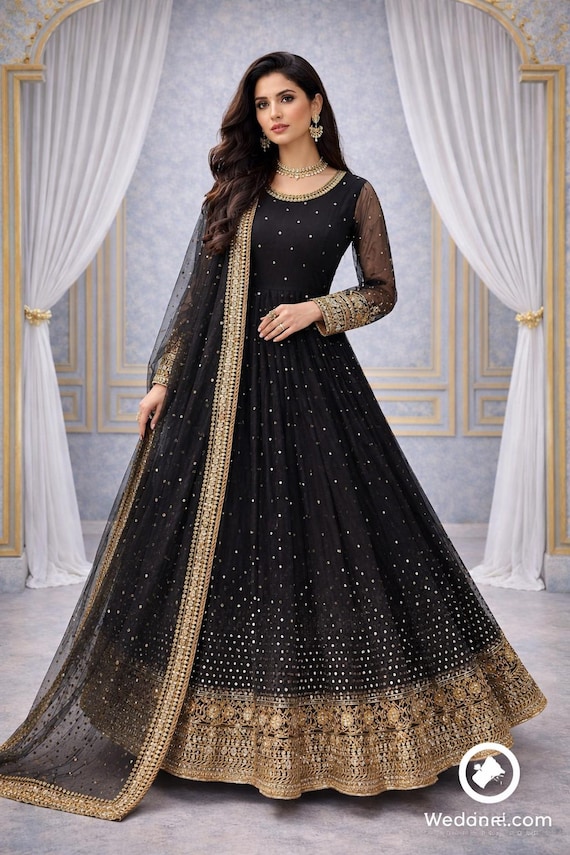 Black Designer Butterfly Net Anarkali Suit with Sequin Work and Dupatta