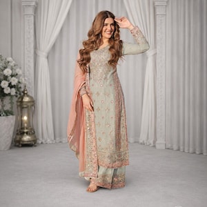 Mint Blue & Pink Georgette Embroidered Sharara Suit Set for Women Pakistani Wedding Dress