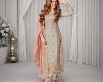 Mint Blue & Pink Georgette Embroidered Sharara Suit Set for Women Pakistani Wedding Dress